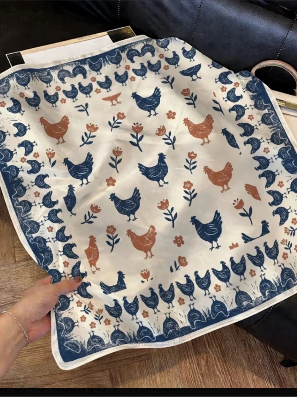 Cream Floral & Navy Chicken Silk-Feel Headscarf